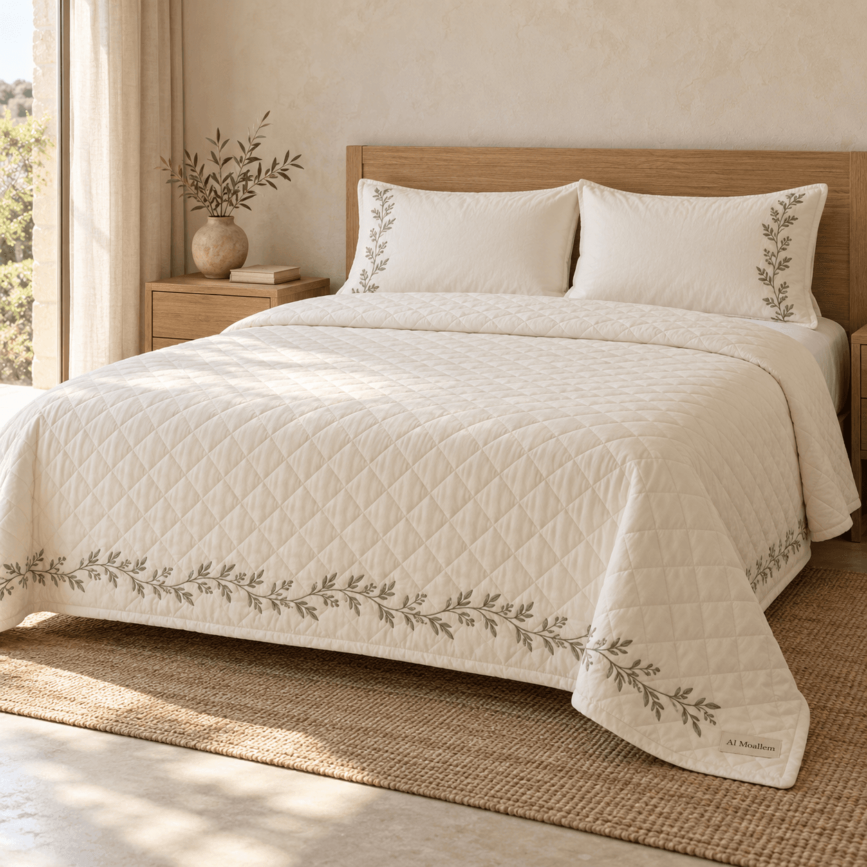 Al Moallem Ghusn Ivory Embroidered Quilt Set